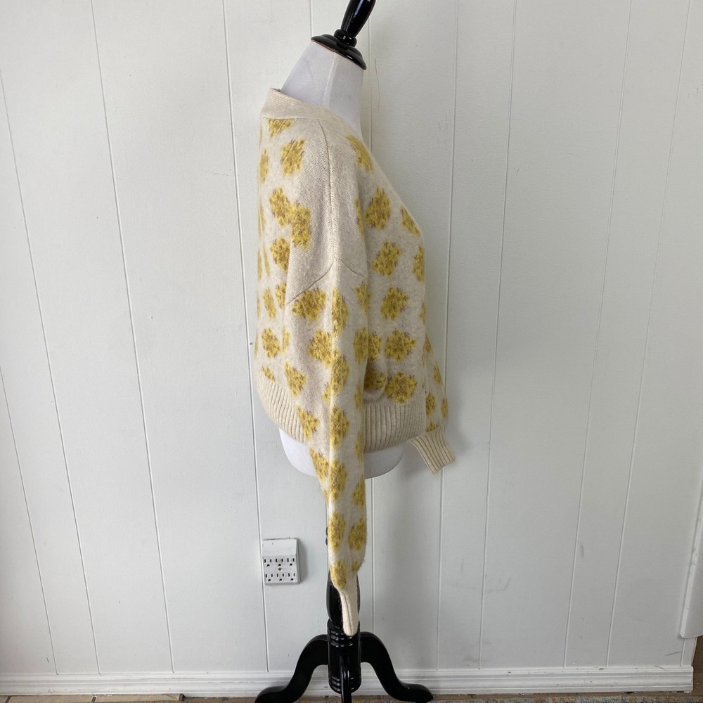Zara Sz M Yellow Diamond Knit Jewel Button Cardigan Cream Wool Alpaca Blend - Picture 8 of 11